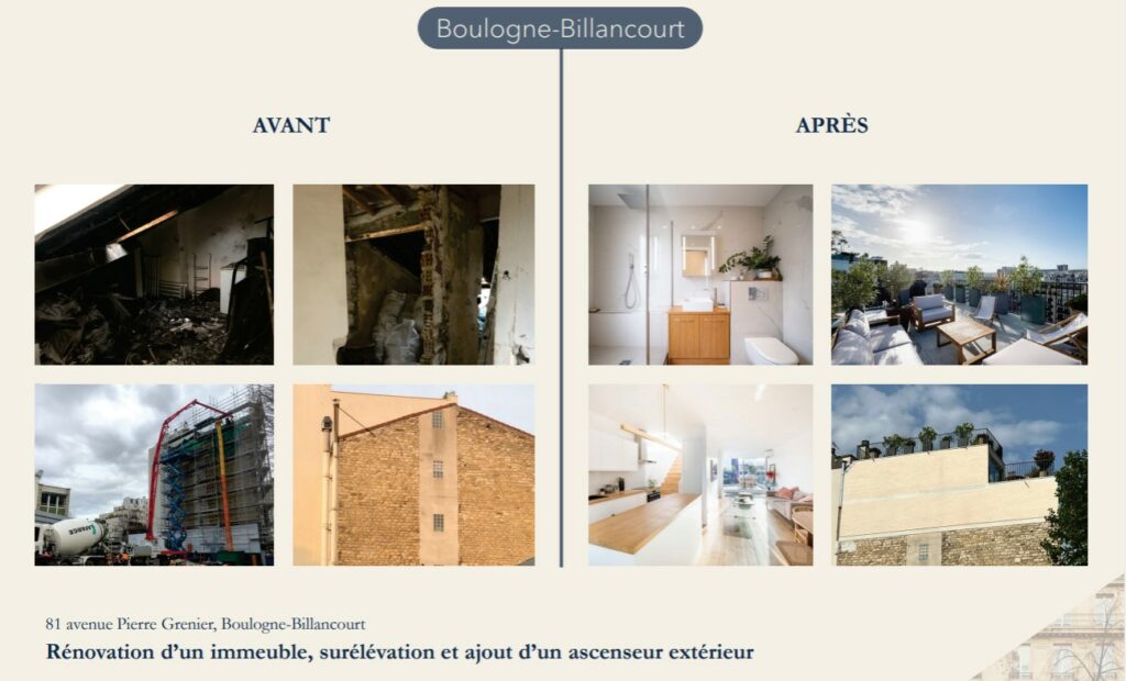 Photos avant - après d'un immeble à Boulogne Billancourt, transformé en 8 appartements sous le dispositif Malraux avec des travaux de rénovation considérables