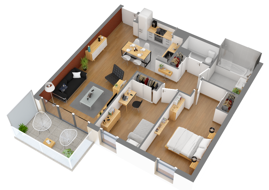 Vue 3d du bel appartement 3 pièces avec la chambre parentale, la chambre d'enfant, le salon et cuisine et la salle d'eau