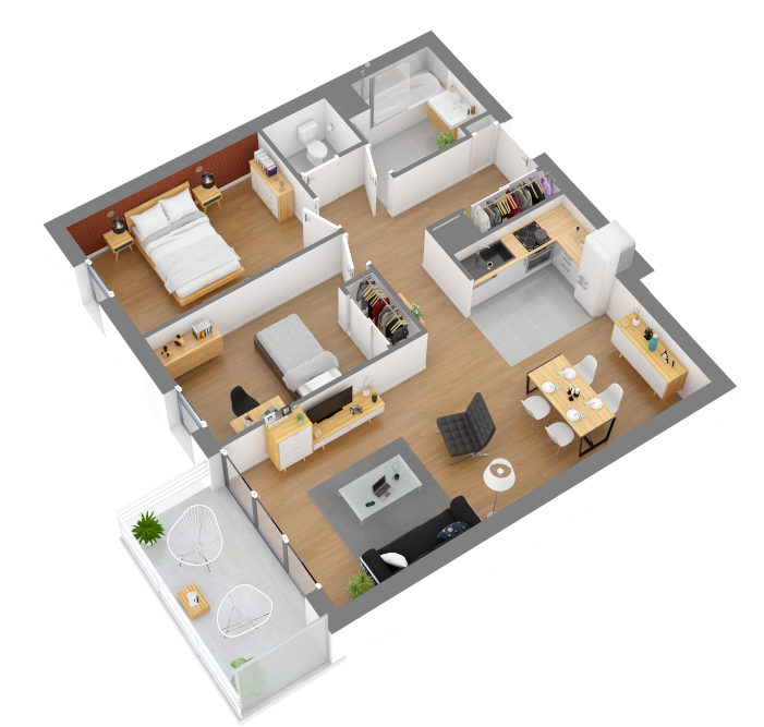 Présentation 3d d'un T3 de la résidence Le Domaine de L'Aparthé à Châteaufort avec la vue sur le séjour / cuisine, et l'espace extérieur jardin et terrasse.