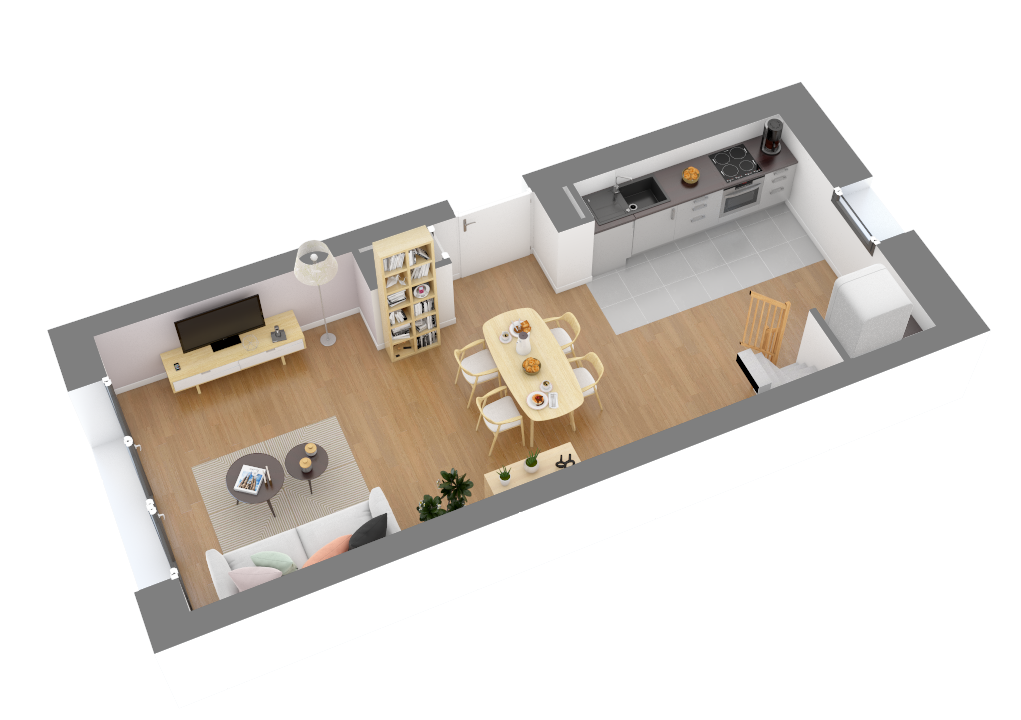 Plan 3d du niveau bas du T3 en Duplex dans le Domaine de l'Aparthé à Châteaufort avec vue sur le grand salon avec cuisine intégrée