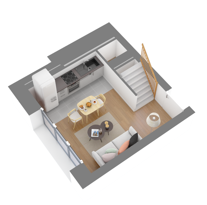 Vue 3d au 1er étage en bas du duplex T2 avec vue sur le salon avec cuisine équipée et escalier donnant à l'étage