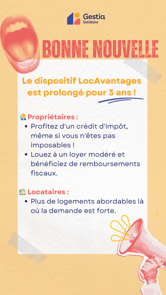 Prolongation de 3 ans du Loc'avantages. Pour les propriétaires, on peut profiter d'un crédit d'impôts même si on n'est pas imposable. On loue à loyer modéré et on bénéficie de remboursements fiscaux.
Locataires : plus de logements à loyer modéré là où la demande est forte