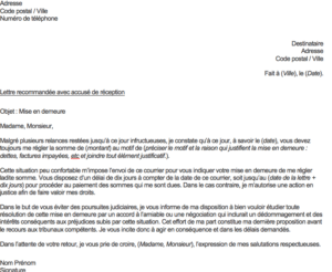 Modèle de lettre de mise en demeure pour recouvrement de loyer impayé, avec un exemple clair et structuré pour les propriétaires bailleurs.