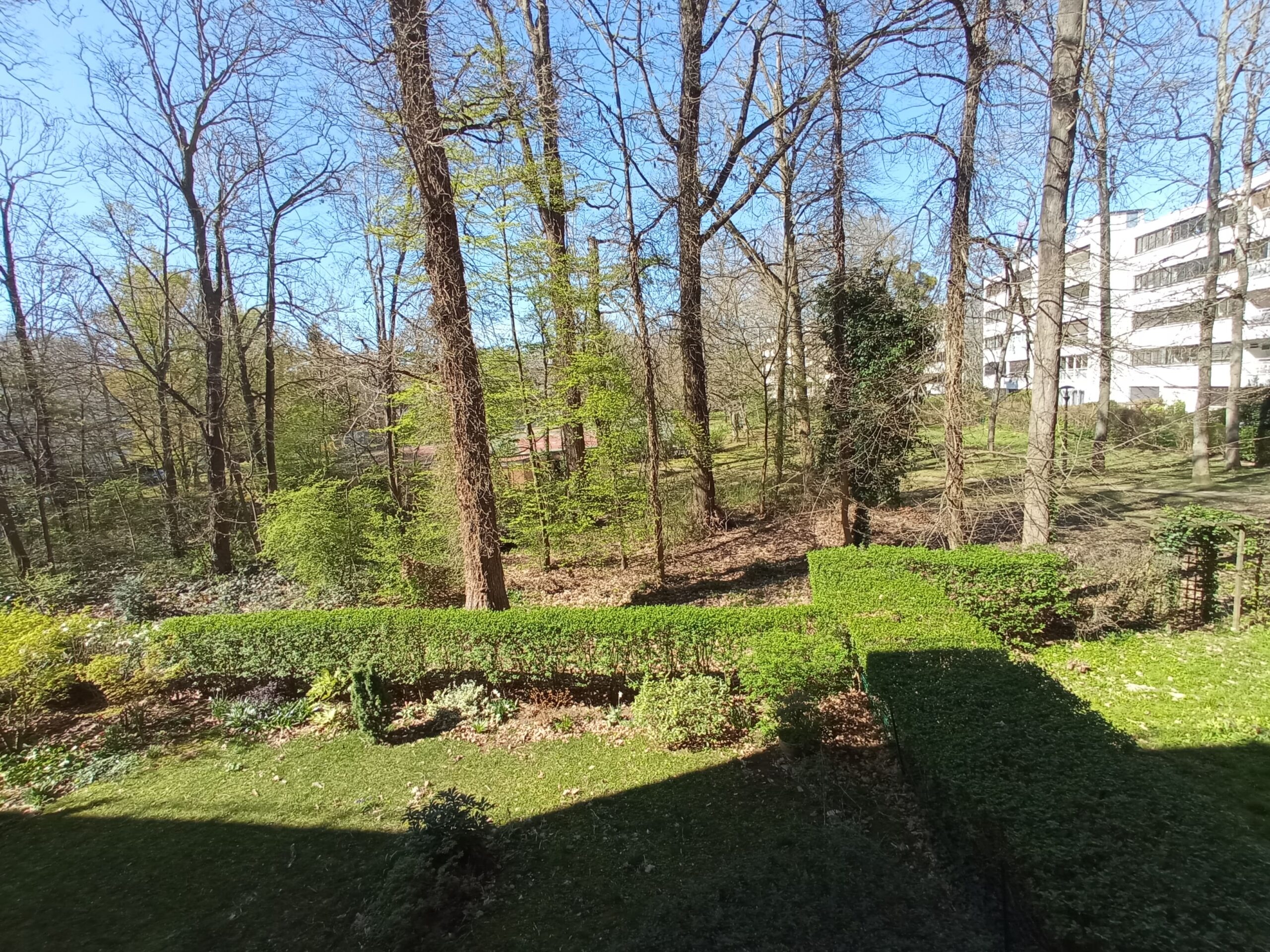 Vue du palcon donnant sur le parc arboré de la résidence du 4 pièces à Vaux le Penil