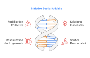 Illustration de l'Initiative Gestia Solidaire représentée par une double hélice d'ADN symbolisant ses valeurs : mobilisation collective, réhabilitation des logements, solutions innovantes et soutien personnalisé