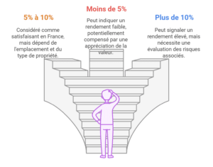 Schéma illustrant les rendements locatifs avec trois catégories : moins de 5%, 5% à 10%, et plus de 10%, symbolisées par des escaliers et une figure réfléchissant à la rentabilité.